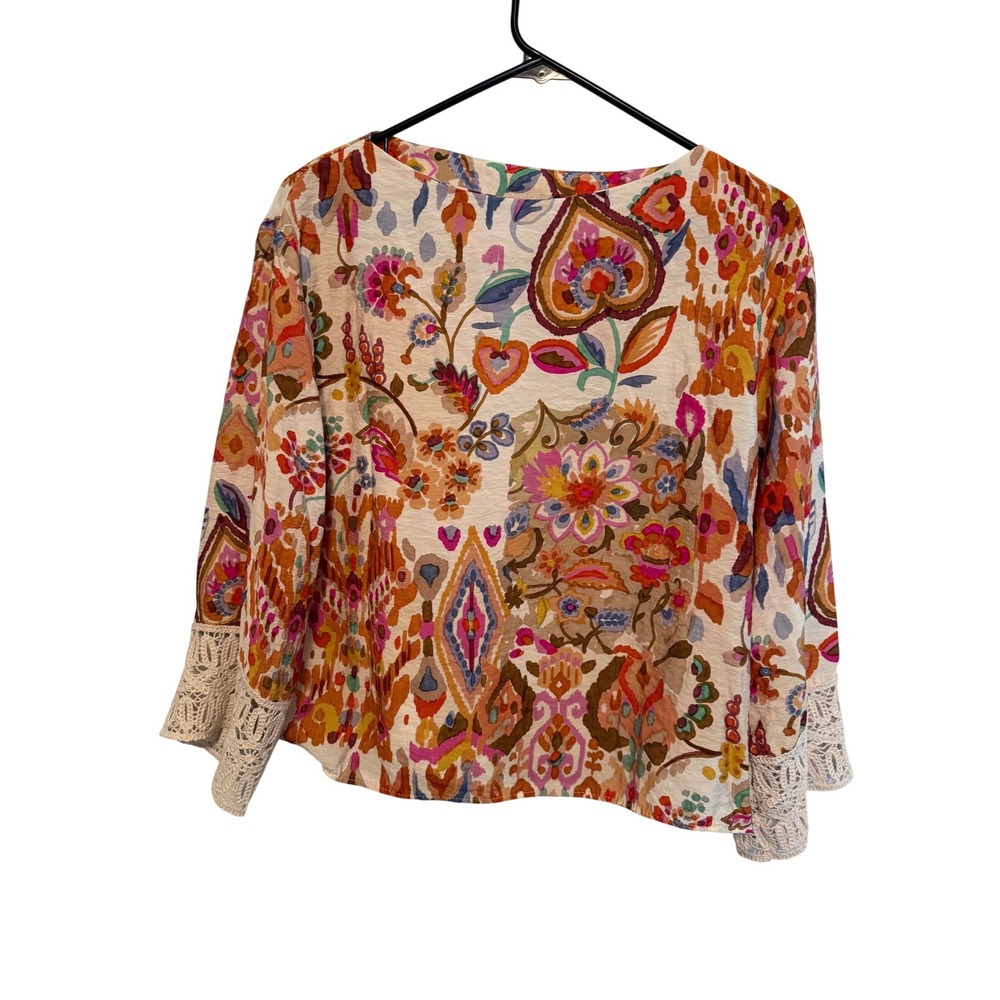 Zara Womens Small Boho Ikat Floral Print Blouse Crochet Lace Trim 3/4 Sleeve